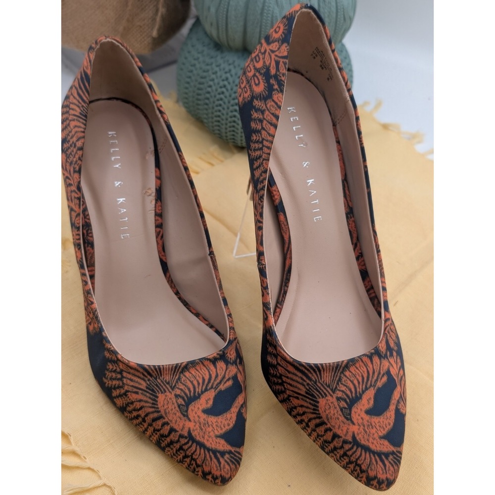 Kelly & Katie Astivia Orange Black Peacock Print Pointed Toe Pumps Flaw New 7.5
